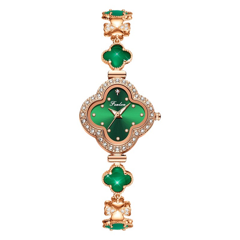 Fenlon/Fenglang Chalcedony Four-Leaf Clover Bracelet Fashionable Accessible Luxury Waterproof Quartz Watch - Including Gift Box 7063