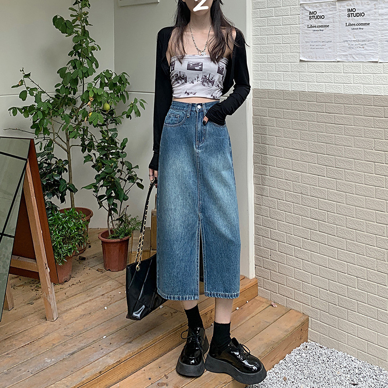 Denim skirt women's niche design ins style high waist casual retro split a-line sheath midi skirt autumn