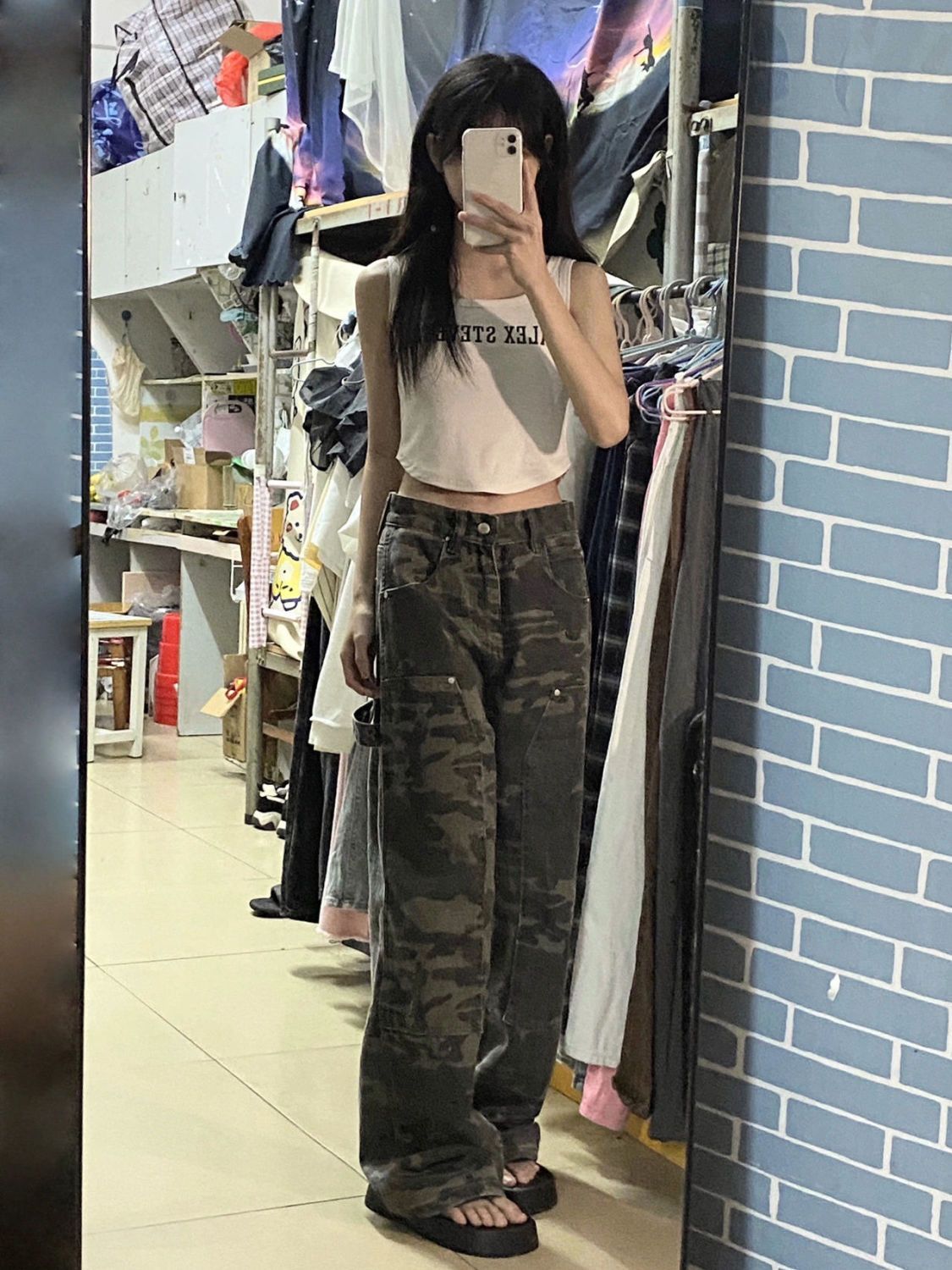Picture of Camouflage Tooling Straight Jeans Women's Spring and Summer American Style Retro Loose All-match High Waist Slimming Wide Leg Pants