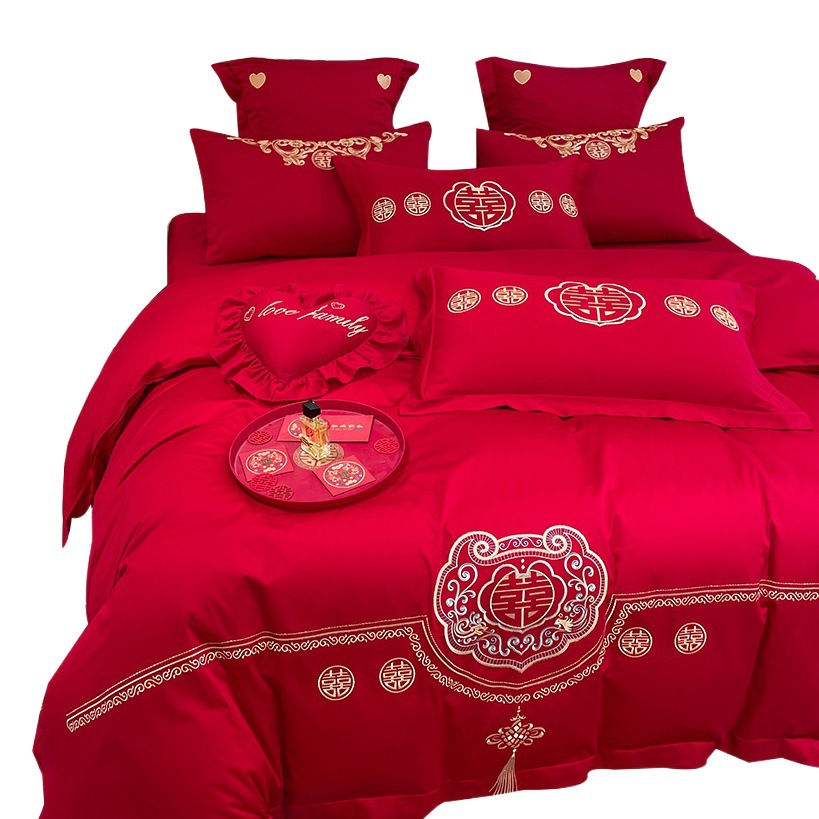 High-end Chinese Dragon and Phoenix Embroidery Fashion Wedding Four-piece Wedding Big Red Bed Sheet Quilt Cover Accompanying Bedding
