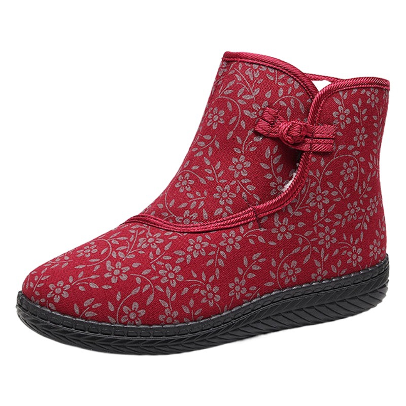 New Winter Old Beijing Cloth Shoes Women's Cotton Slippers High-top fleece-lined Thickened Chinese Knot Printed Cotton Shoes Comfortable Non-slip