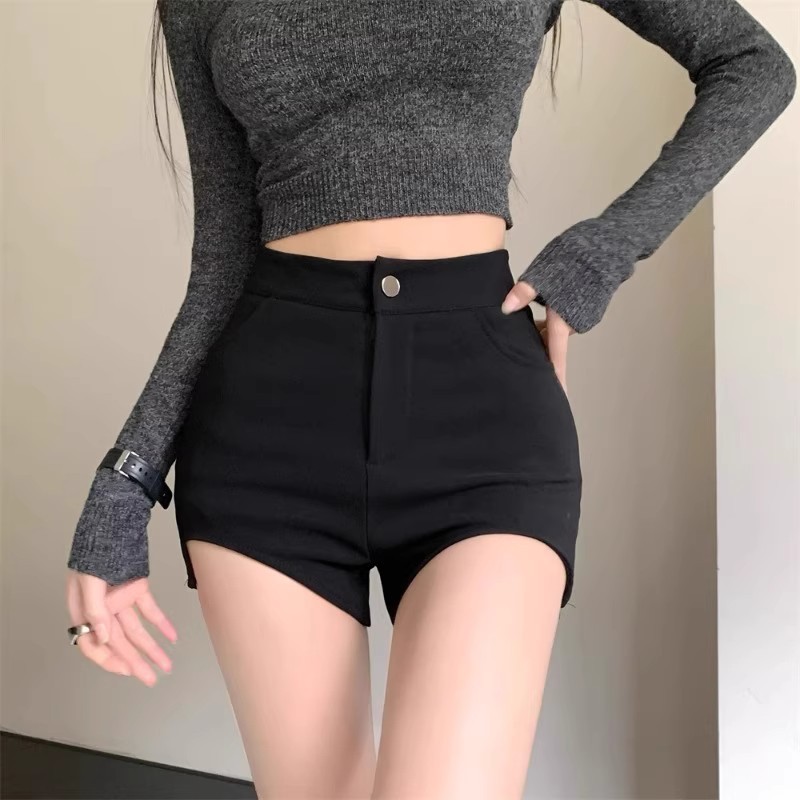 American Hot Spice Girl High Waist Black Stretch Casual Shorts Women's Summer Tight-Fit Small Irregular Ultra-Short Straight-Leg Pants