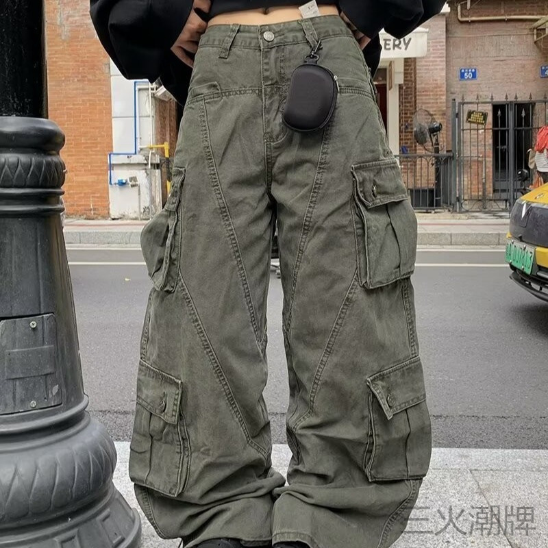 2025 Spring New Korean Retro Workwear Pocket High Waist Slimming Versatile Loose Straight Wide Leg Jeans for Women