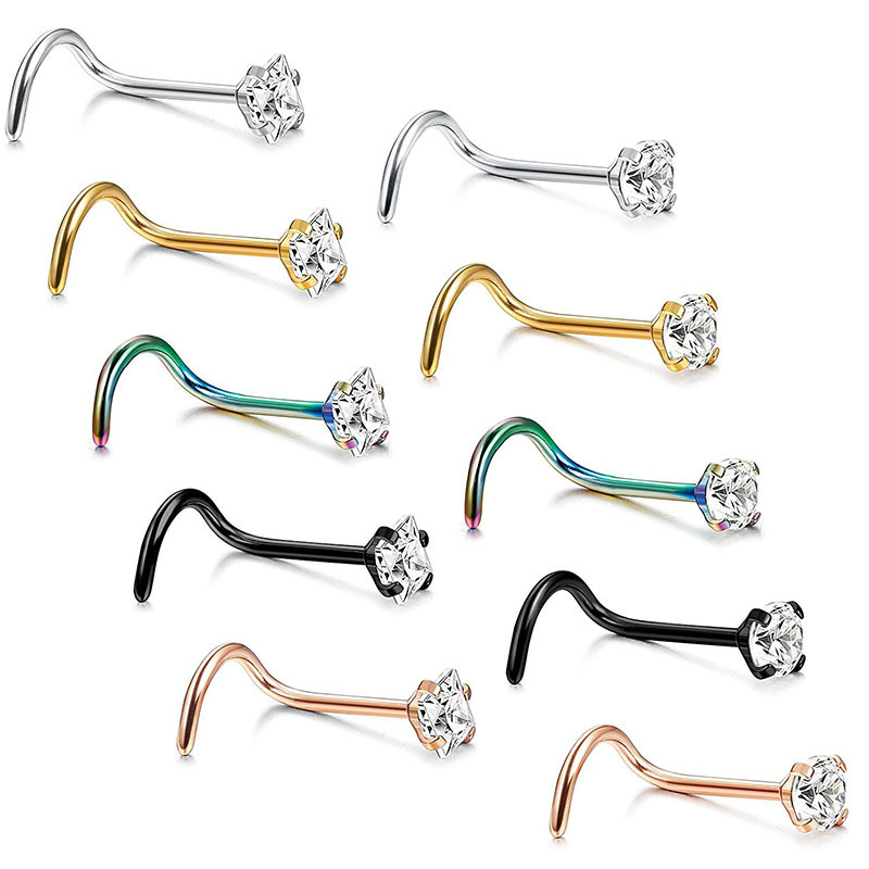 316L Stainless Steel Round Square Claw Zircon 0.8mm Rod Thick Curved Rod Nose Nail Puncture Jewelry