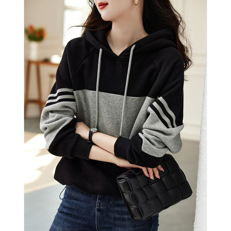 Striped Splicing Hooded Sweatshirt for Women Spring & Fall 2024 New K-Style Ins Trendy Loose Pullover Style Casual Top