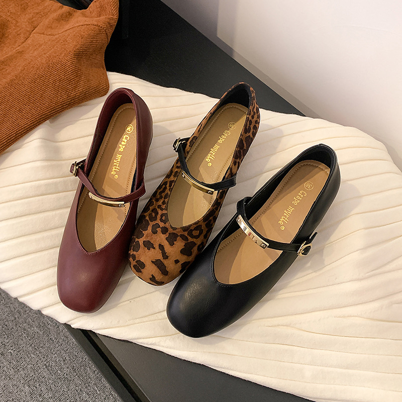 Leopard Print Inner Height Increasing Mary Jane Women's Shoes Spring and Autumn French Style Elegant Square Toe Shallow Mouth One-word Buckle Retro Grandma Shoes