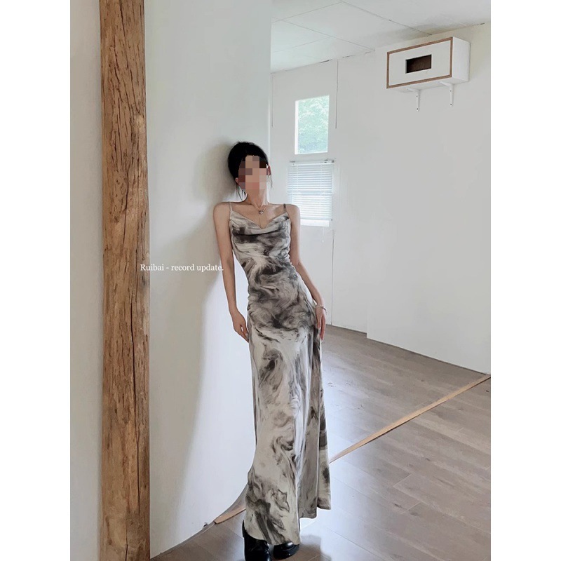 New Chinese Ink Painting Sling Dress Women's Spring French Slim-fit Shoulder-free Elegant Dress Hip Fishtail Long Dress