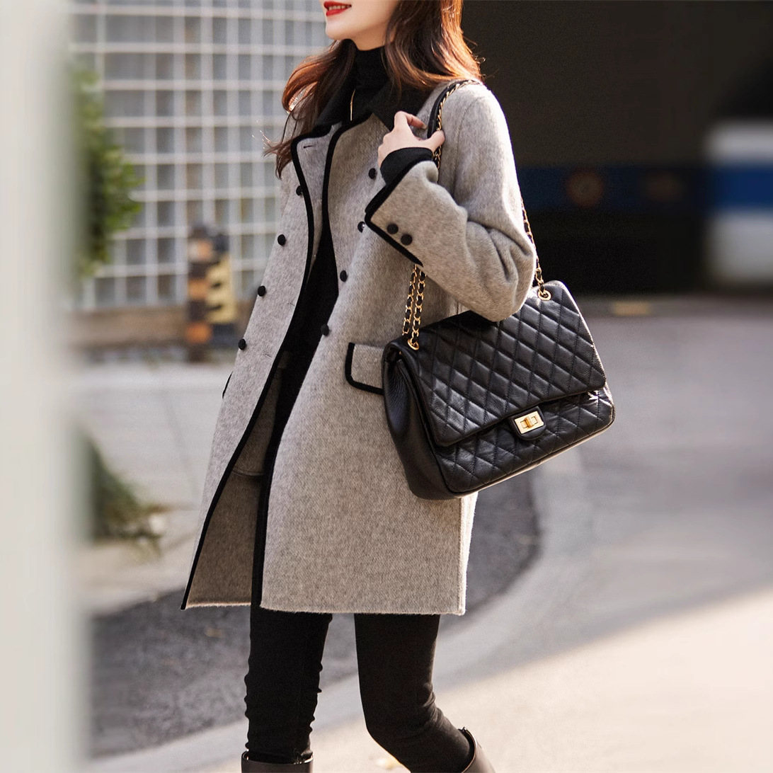 Small Lapel Woolen Coat Women's 2024 Autumn and Winter New Fashionable Korean Style Slimming Casual All-match Elegant Contrast Color