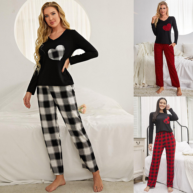 Picture of Amazon European and American Home Clothes suit Autumn and Winter Heart-shaped Long Sleeve Plaid Pajamas Women Can Wear Cross-border Independent Station