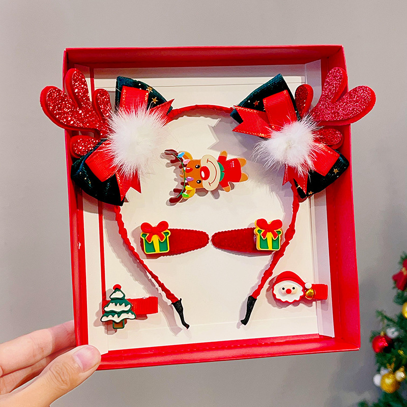 Picture of 2023 new children Girl Christmas headband hairpin suit combination cute antlers Christmas headband hairpin headdress