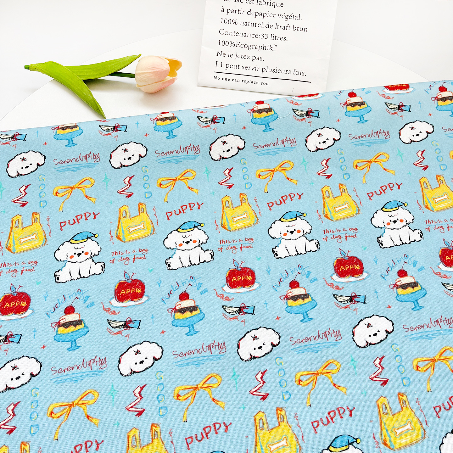 Blue Background Shopping Bag Puppy All-Cotton Canvas 1.5m Width Bag Jacket Vest Handmade DIY Fabric
