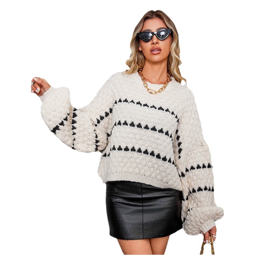 Striped Round Neck Pullover Thick Needle Sweater Women's Loose Lazy Style European and American Cross-border New Long-sleeved Sweater Top Trendy