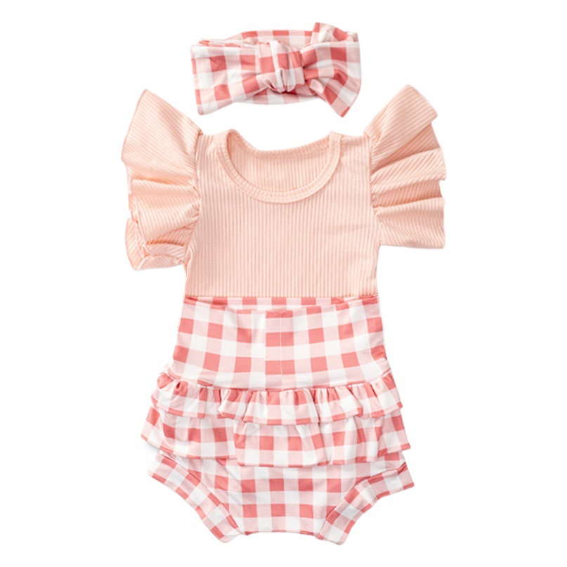 Summer new cross-border girls' flying sleeve triangle romper suit infant pink short sleeve classic plaid shorts children's clothing
