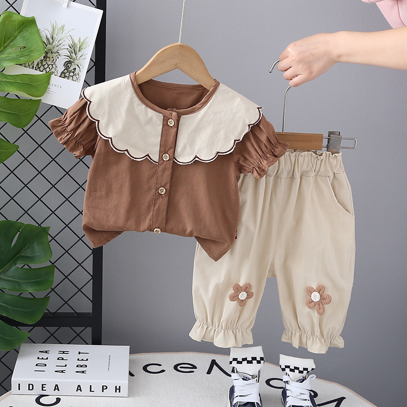 2025 new style baby summer children's leisure wave doll collar two-piece trendy girls summer suit