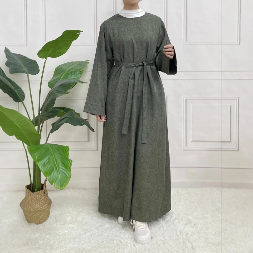 Picture of 2025 Middle East Cross-border Muslim Two-color Plain Long-sleeved Belt Basic Casual dress
