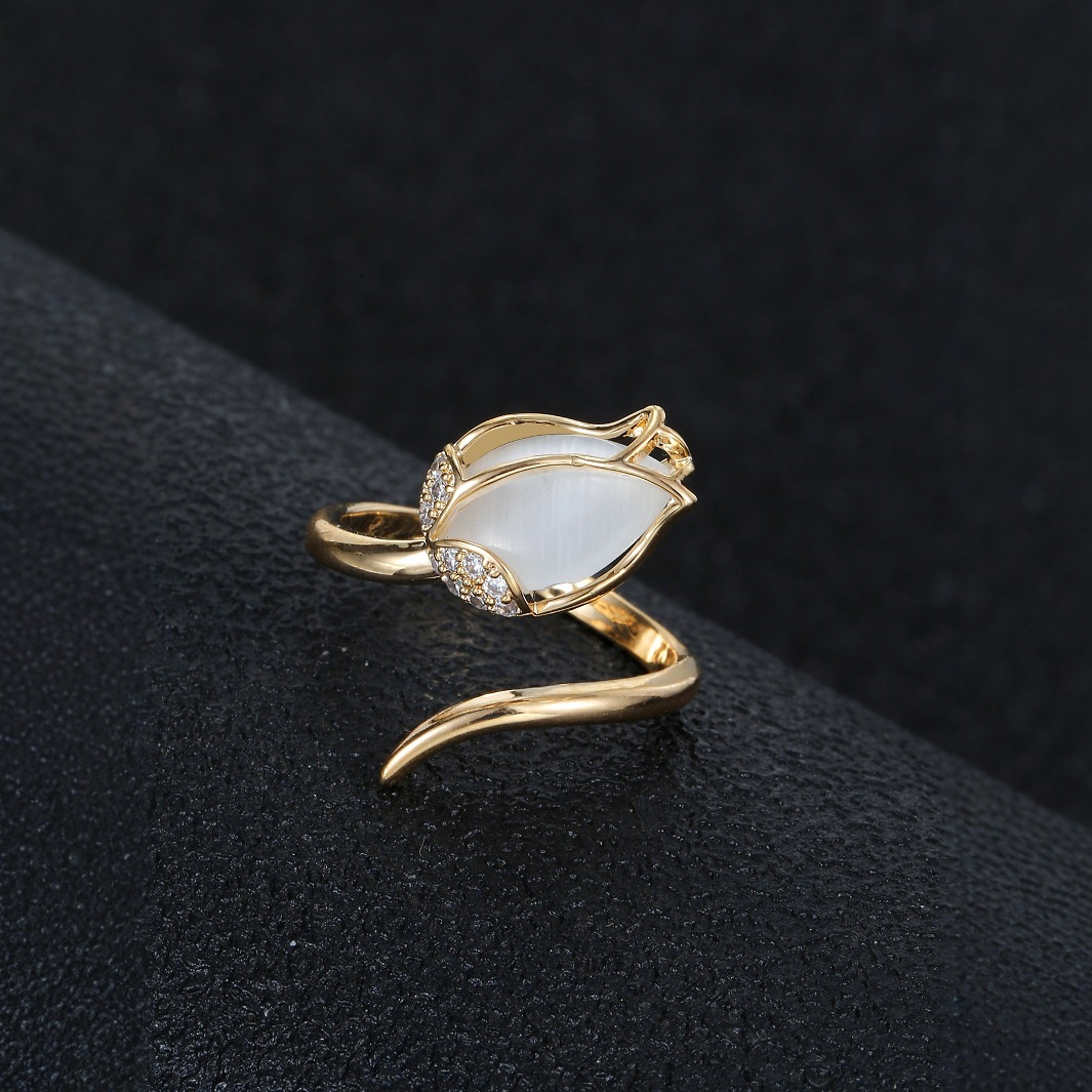 European and American Cross-Border Fashion Cat's Eye Tulip Open Ring Simple Niche Design Copper Inlaid Zircon Index Finger Ring