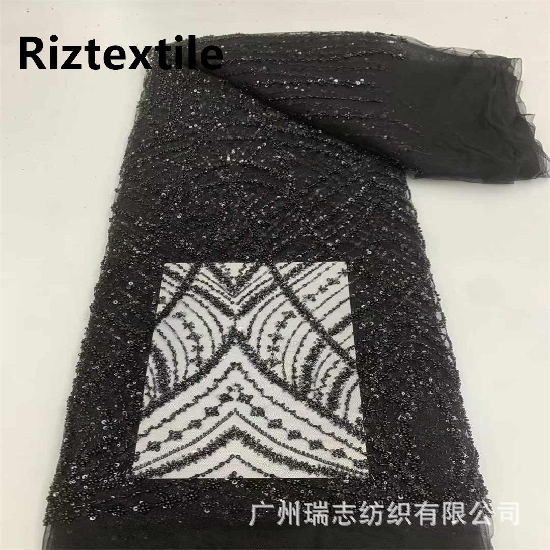 Picture of Chain line flower bead embroidery fabric European and American stereo sequins embroidery dress lace French lace