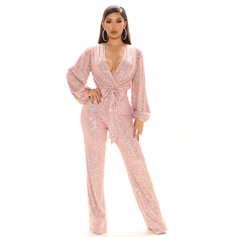 Picture of Amazon Explosions Autumn European and American High-end Women's Sequins Deep V-Neck Long Sleeve Pants Foreign Trade Pants