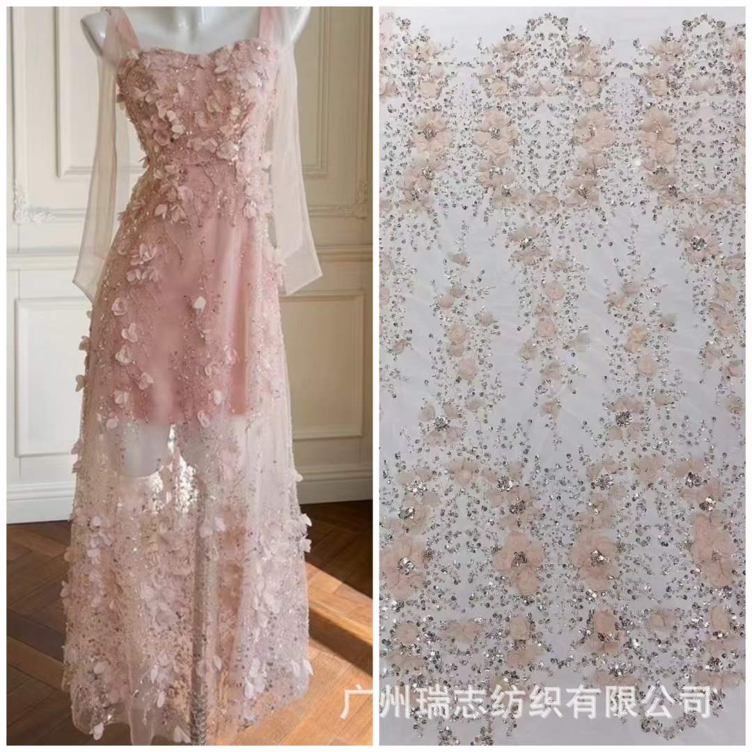 2024 spring and summer net red hand-made flower three-dimensional flower dress embroidered cloth fashion wedding dress fairy dress fabric