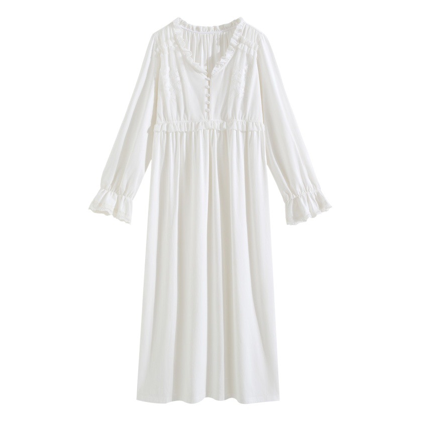 Women's long-sleeved nightdress spring cotton court style French lace princess long pajamas loose outerwear home wear autumn and winter
