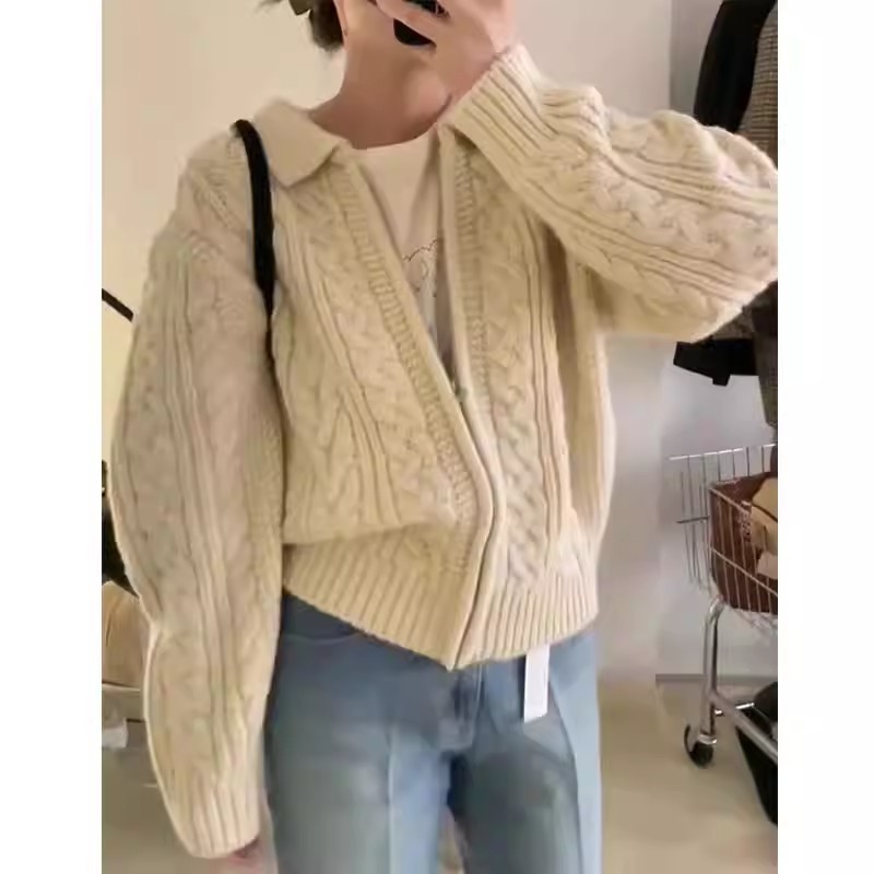 Sweater Cardigan Women's Autumn and Winter Thickened Zipper Lapel Twist Loose Lazy Style Knitted Outer Wear Niche Wool Coat