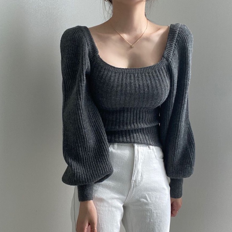Foreign Trade Elegant Square Collar Bubble Sleeve Solid Color Knitted Top Women's Autumn and Winter Warm Base Long Sleeve Slimming Waist Sweater