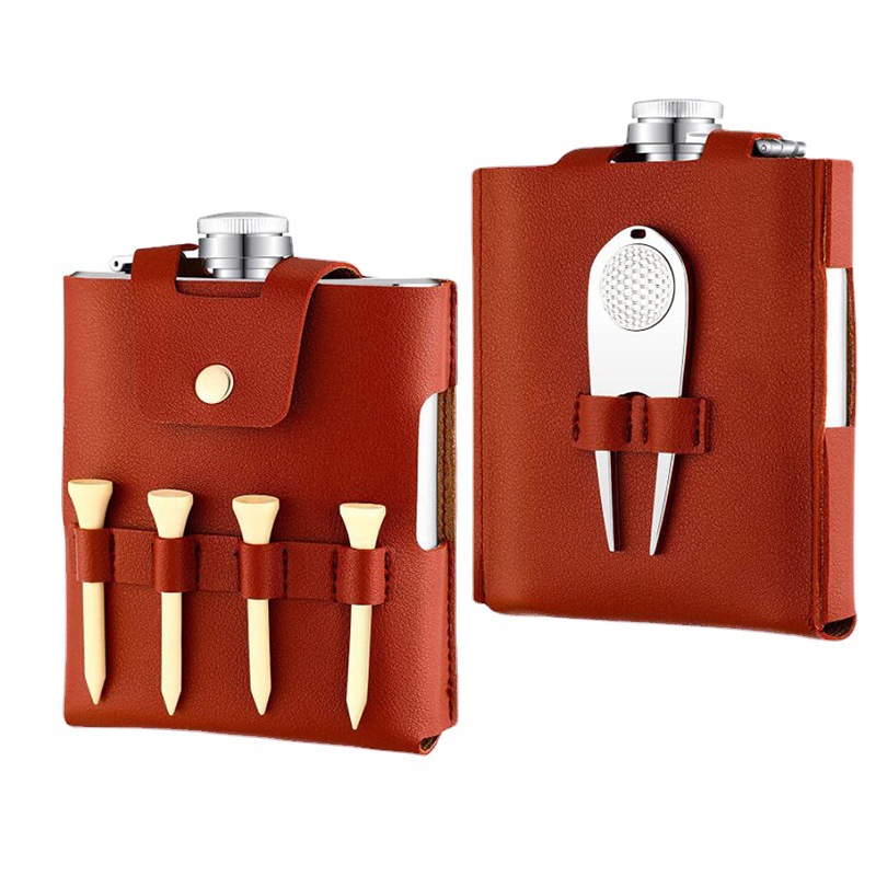 Picture of Golf flask leather case wine bottle leather bag tool waist bag outdoor flat hip flask storage bag