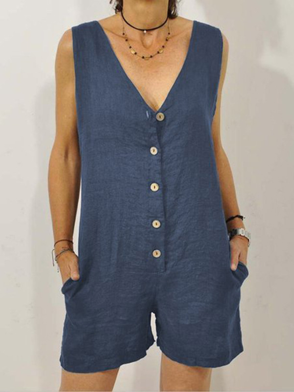 Picture of Amazon European and American Cross-border Jumpsuit 2025 Foreign Trade New Cotton and Linen Casual Pocket Women's Shorts Vest