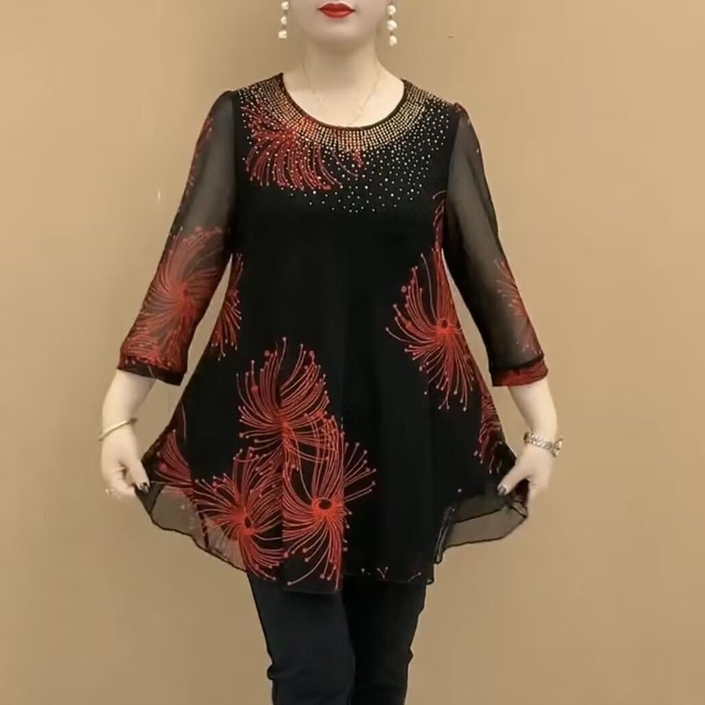 2024 Spring and Summer Fashion Seven-point Sleeve Mesh T-shirt Small Shirt for Middle-aged and Elderly Mothers Summer Dress Round Neck Half Open Neck Hollow