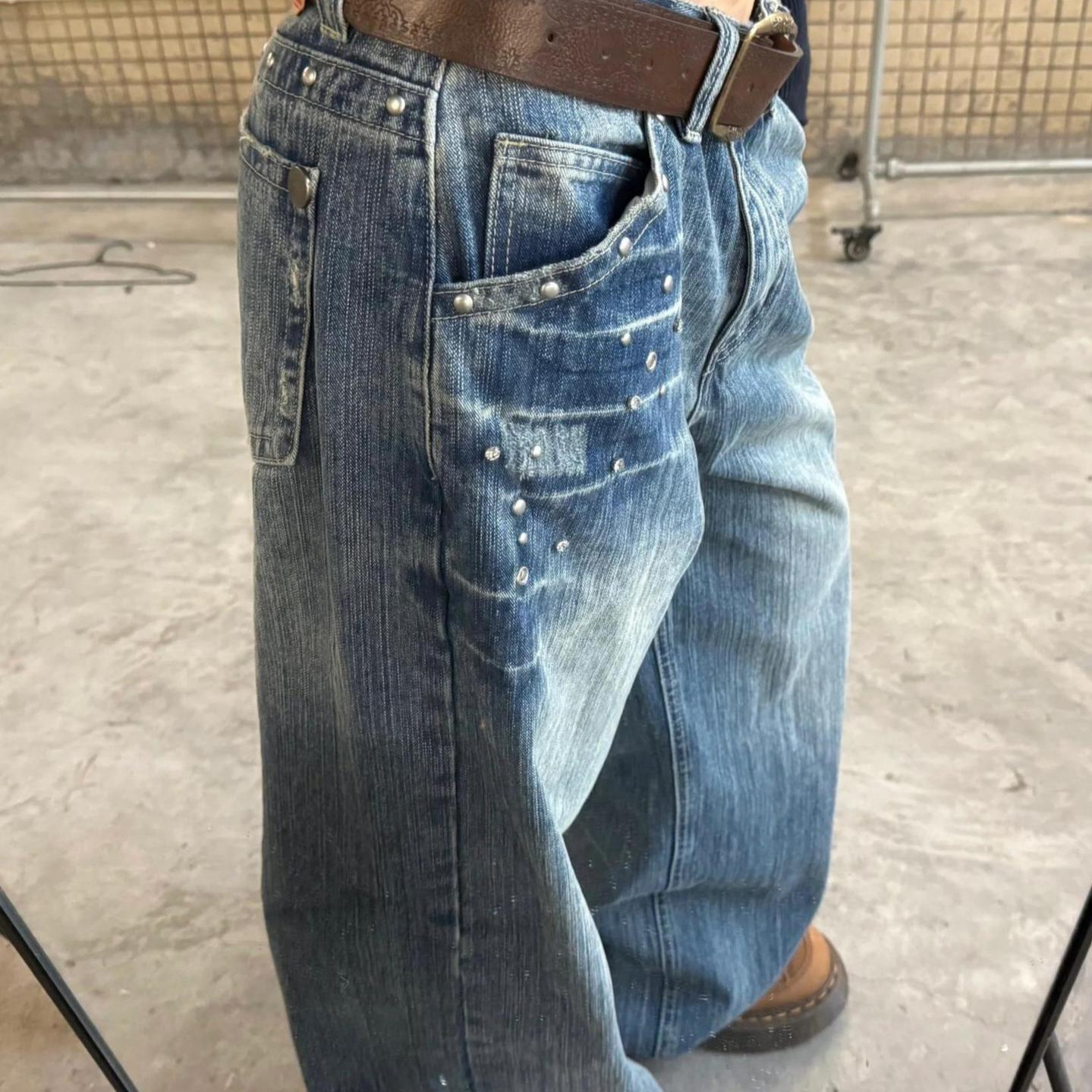 American vintage riveted low-rise straight jeans hot girl high street niche design lover old fried street trousers