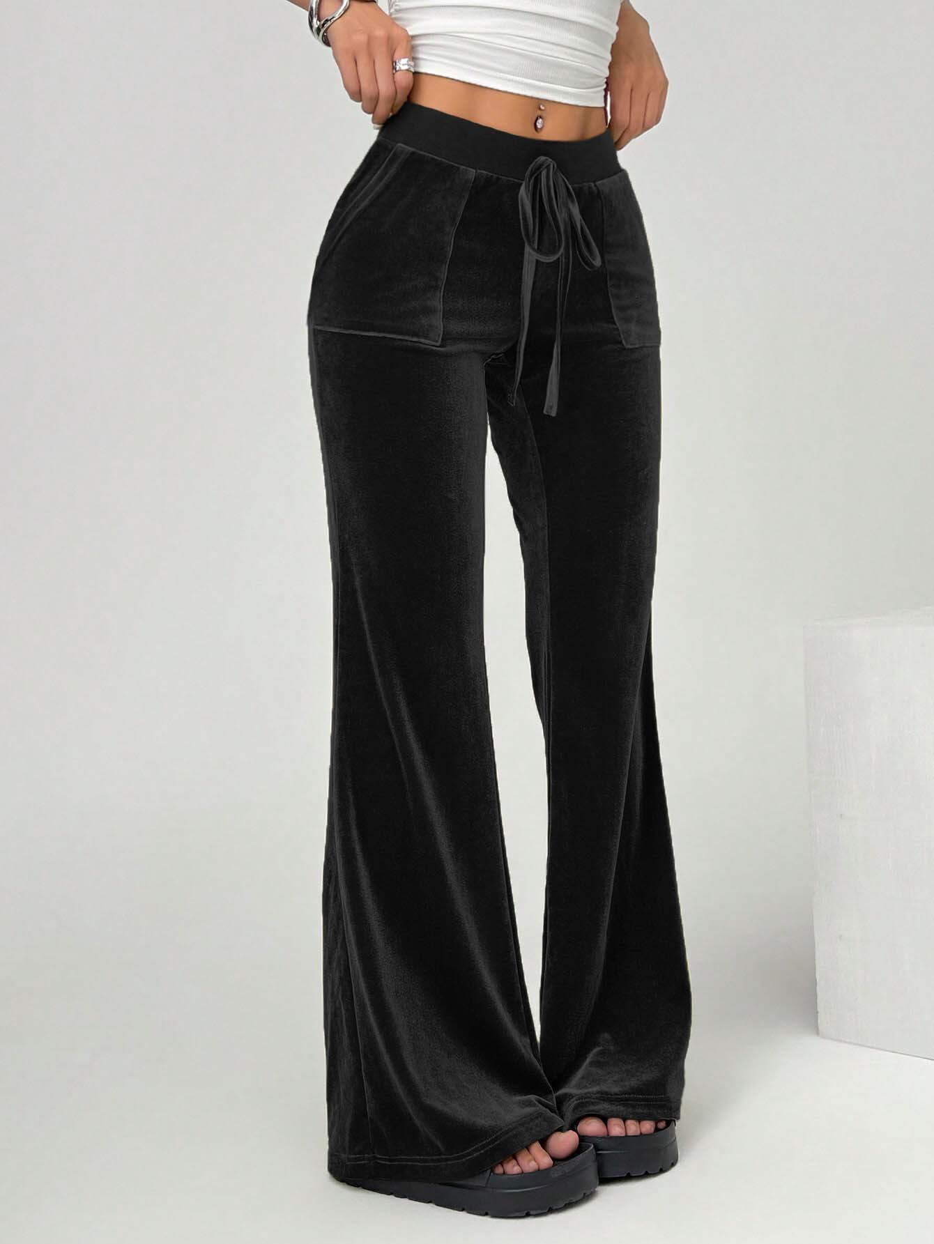 2024 Cross-Border Independent Station Women's Clothing Casual Temperament Velvet Casual Pants Autumn and Winter Drawstring Legs Slimming Wide Leg Pants