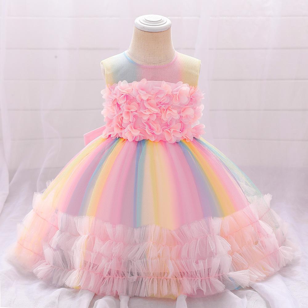 New cross-border children's bow color matching mesh dress baby birthday party girl dress princess dress