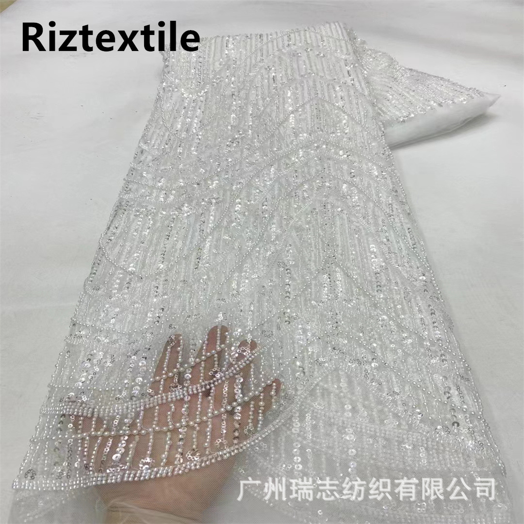 Picture of Cross-border in stock geometric pattern European and American black three-dimensional handmade bead sequin dress dress wedding embroidered fabric