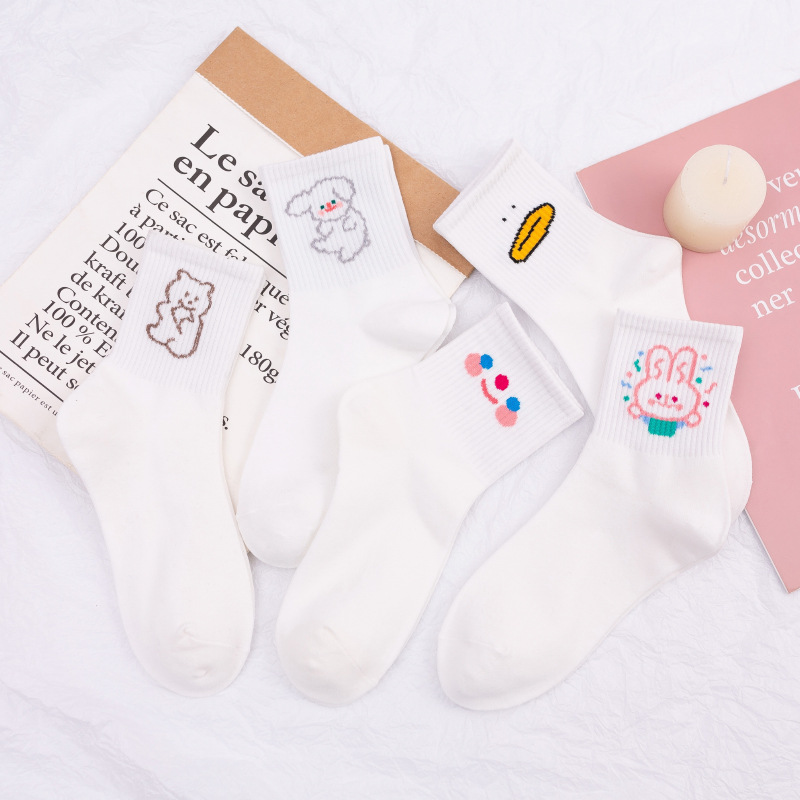 Little Rabbit White Socks Women's Ins Trendy Mid-Autumn Socks Spring and Autumn Cute Japanese Cartoon Girl Bear Short Socks Student