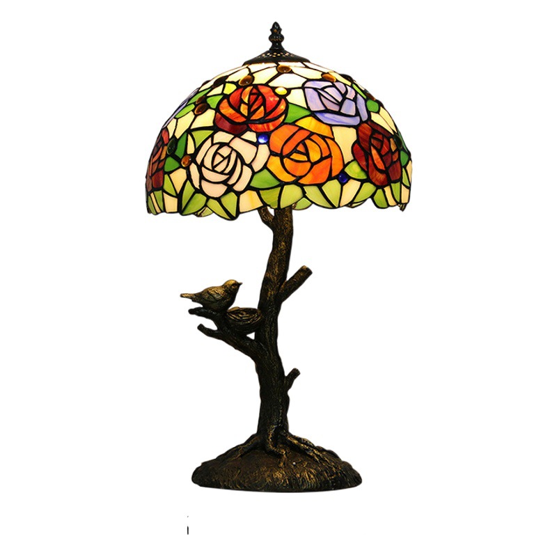 Huitan Tiffany Lamp Rose Bird Table Lamp Glass Art Creative Table Lamp Living Room Bedroom Bedside Popular Lighting