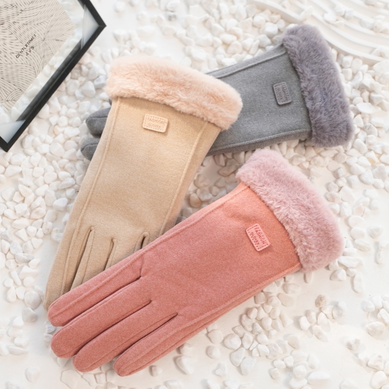 Warm Gloves Women's Winter fleece-lined Thickened Cute Student Touch Screen German Velvet Fall/Winter Electric Car Cold-proof Riding Gloves