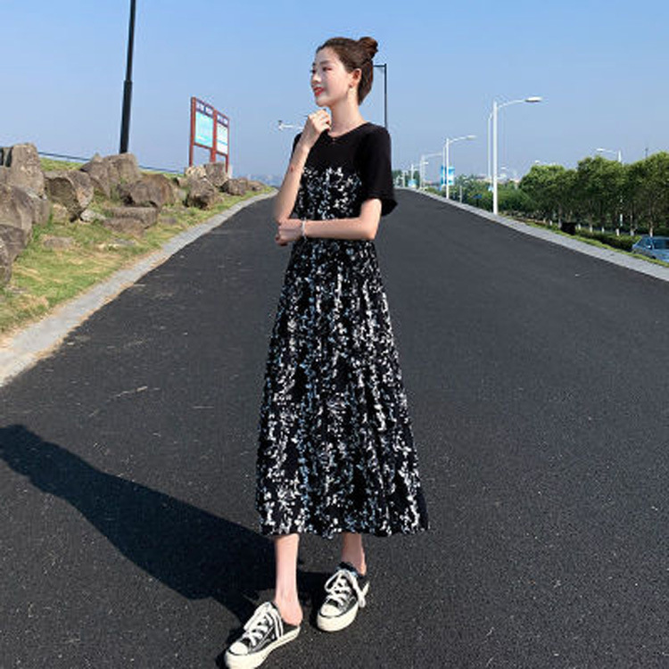 Picture of dress Women's 2025 Summer New Hepburn Style Mid-length Floral Dress Elegant High Waist Slimming Short-sleeved Long Dress