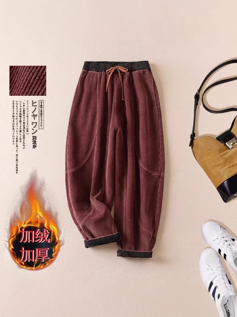 Corduroy fleece-lined Thickened Hallen Pants Autumn and Winter Women's New Arrival Tie Waist Casual Pants Women Slimming Hallen Pants