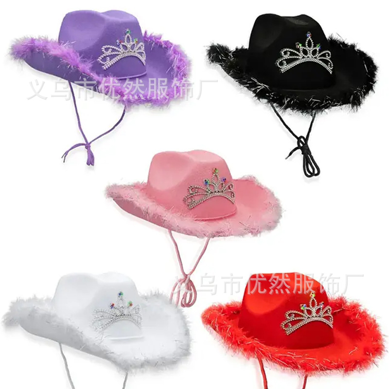 Factory cross-border spot feather edge Crown cowboy hat sequins pink silver edge Crown Western Colored diamond cowboy hat