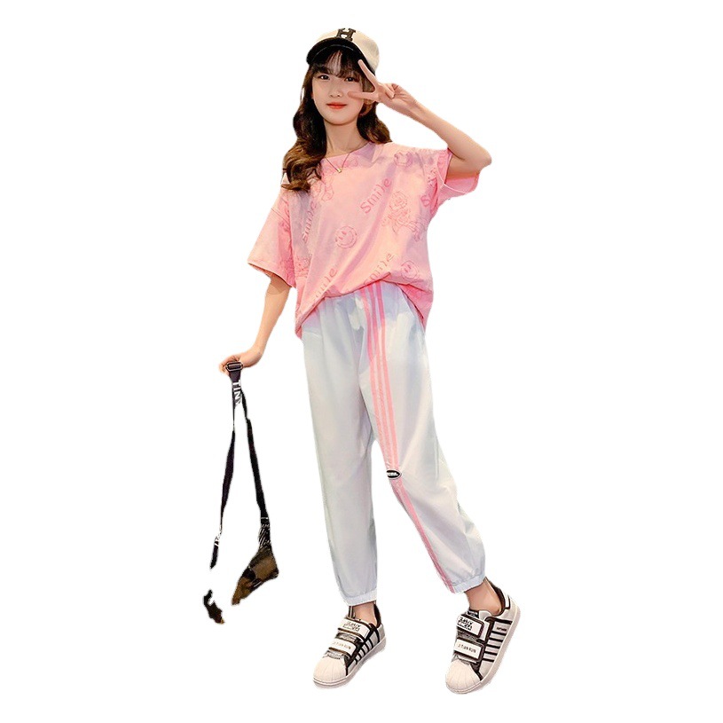 Girls' Summer Outfit Set 2025 New Stylish Big Kids Summer Short-Sleeve Sports Pants Thin Two-Piece Children's Clothing