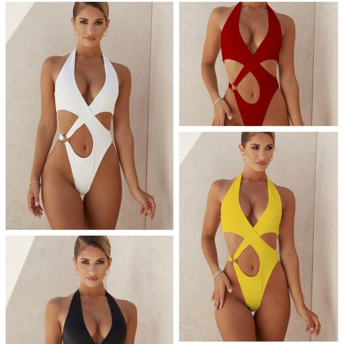 2024 AliExpress one-piece bikini tight cross hollow European and American cross-border neck three-point bikini women's swimsuit