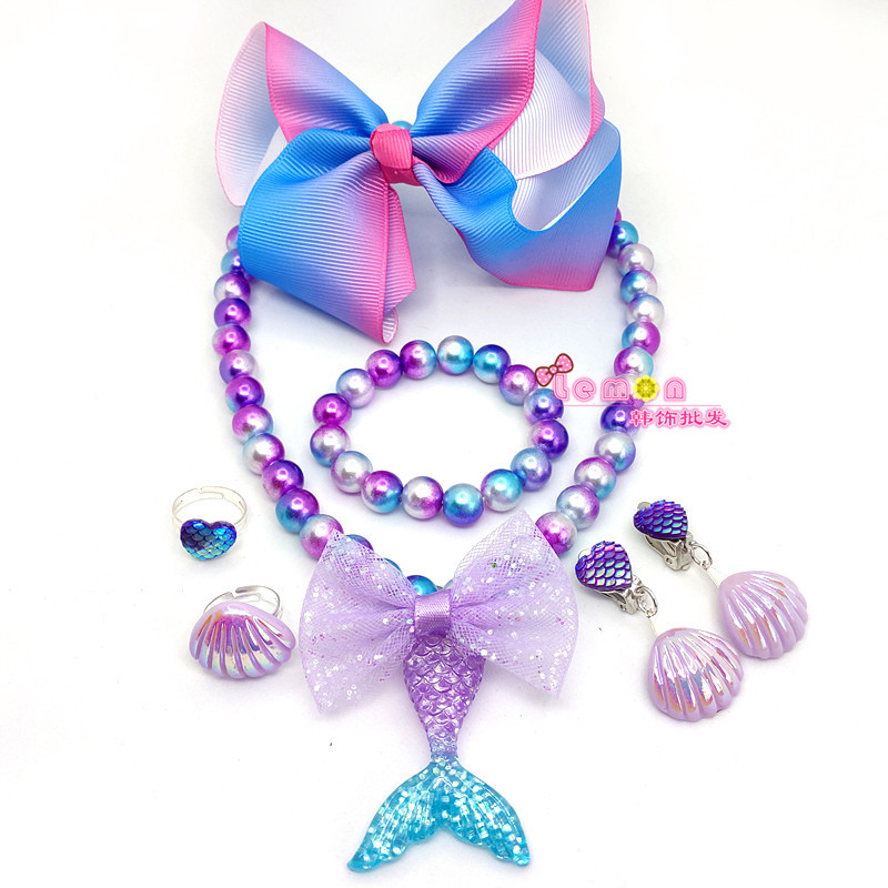 Children's Mermaid Tail Bow Necklace Bracelet Little Girl Princess Shell Earring Clip Fish Scale Ring Set