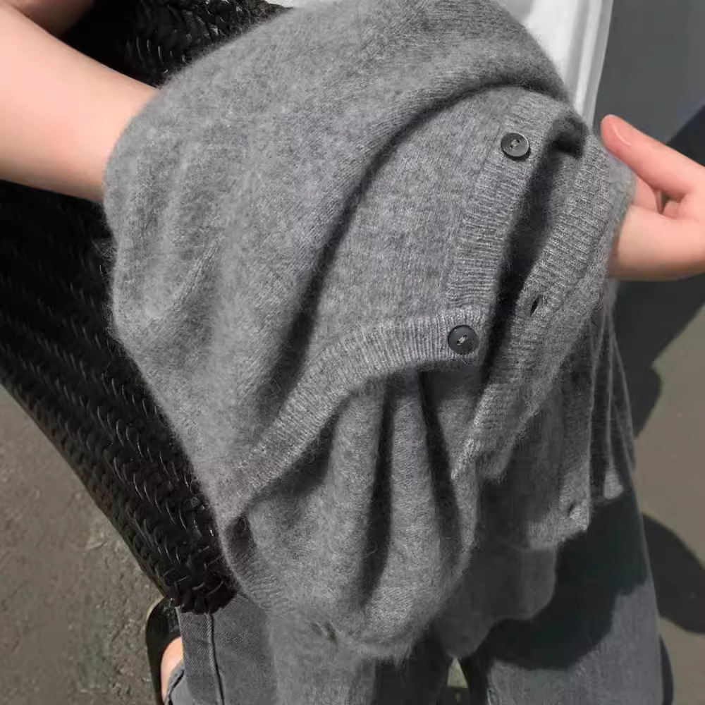 Grey Raccoon Velvet Cardigan Women's Crewneck Knitted Sweater Jacket Autumn and Winter Korean-style All-match Short Slim-fit Base Shirt