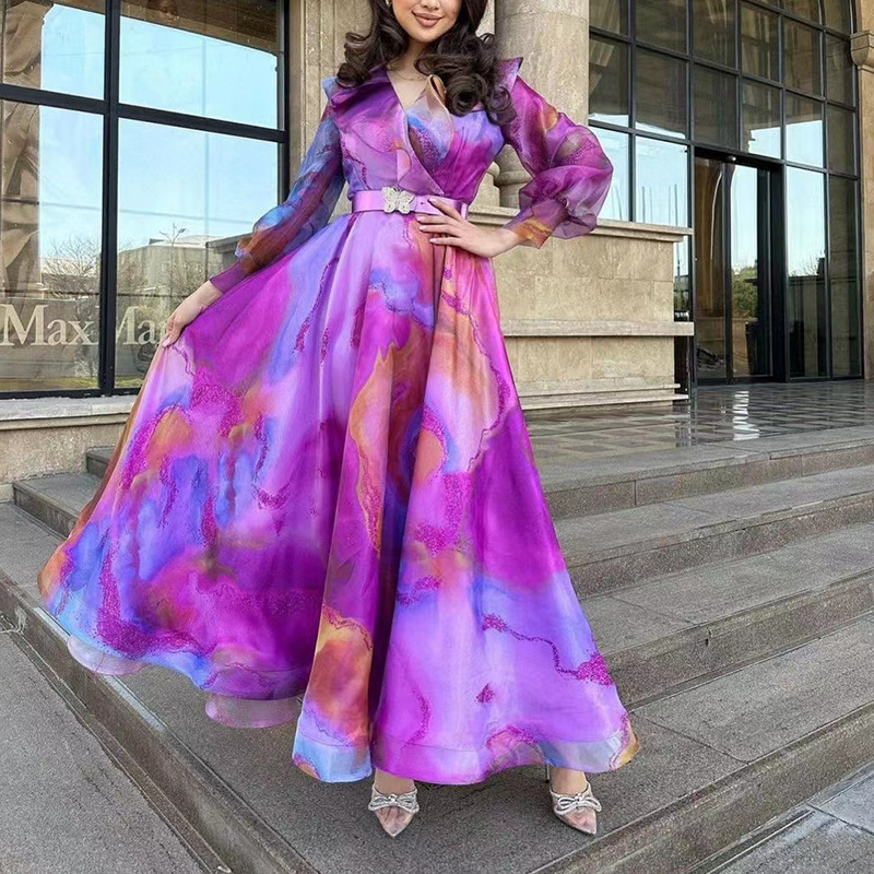 Picture of 2025 Spring and Summer New European and American Export Printed Large Hem Mesh Dress Work Clothing European and American Plus Size Women's Dress