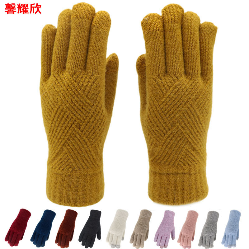 Foreign Trade Popular Winter New Knitted Touch Screen Gloves for Couples, Velvet and Thickeneded Warm Finger Cycling Gloves for Men and Women
