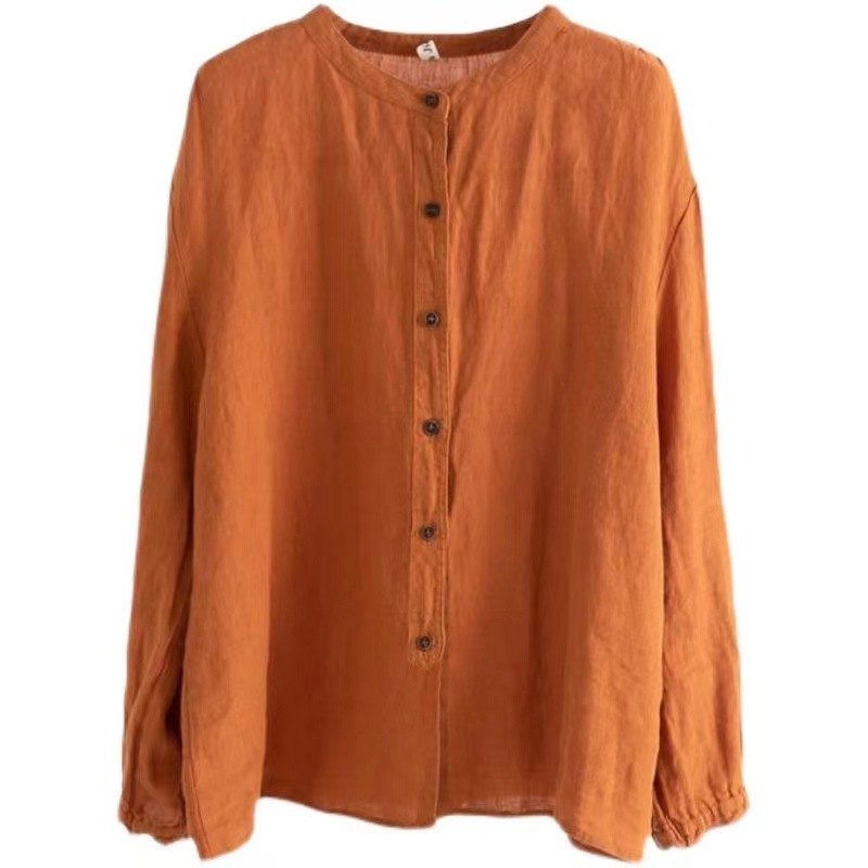 Picture of Artistic Retro 2024 Spring and Autumn Cotton and Linen Shirt Women's Loose Round Neck Shirt Jacket Casual Jacket Neck Sleeves