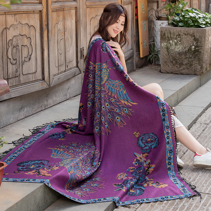Lijiang Ethnic Style Thickeneded Phoenix Double-Sided Jacquard Imitation Cashmere Shawl Square Scarf Women's Air-Conditioned Travel Scarf Dual Use