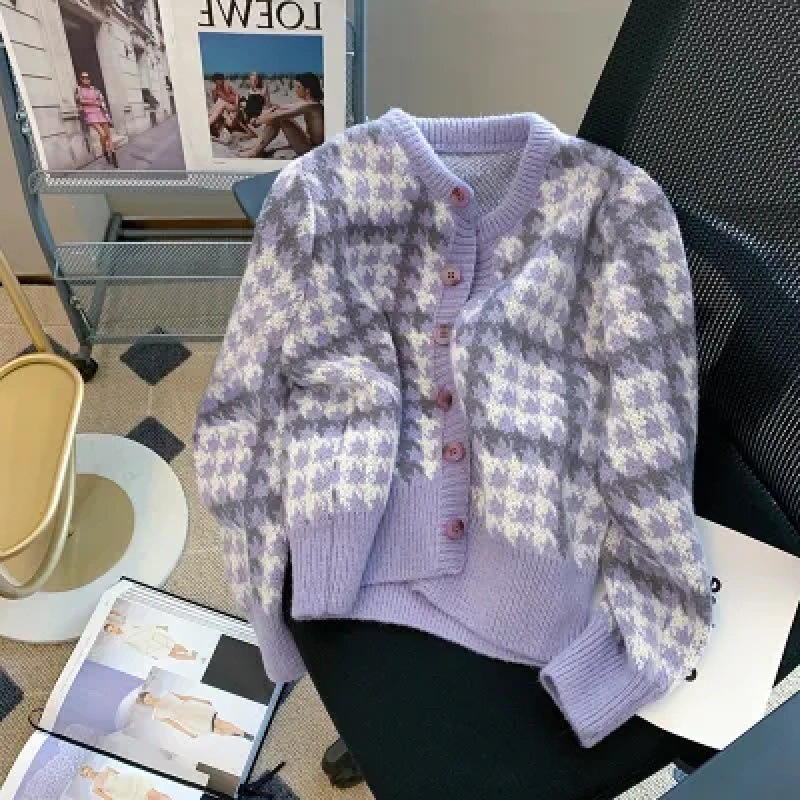 Korean style short purple plaid knitted cardigan for women Spring New lazy style high-grade houndstooth sweater coat