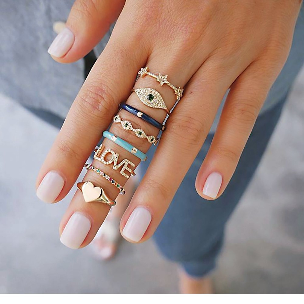Cross-border exclusive new ring Golden LOVE micro diamond geometric 8-piece ring bracelet wholesale
