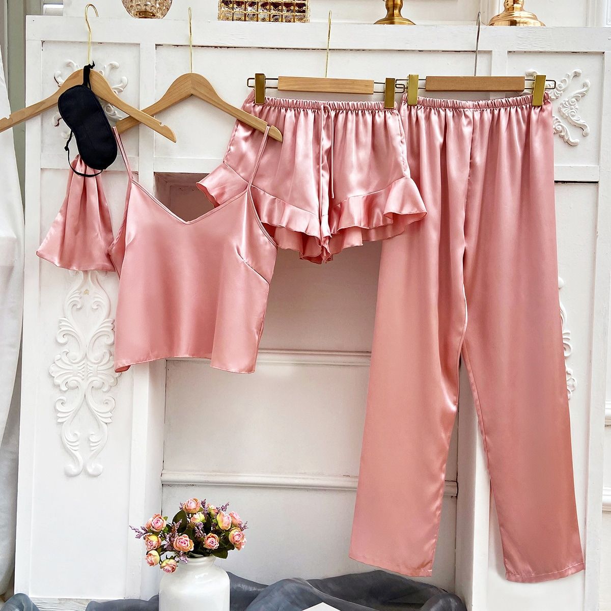 Four Seasons Can Wear Sling Pajamas Five-piece Set Black Sling Pants Home Clothes suit Lightweight Comfortable Pajamas for Women